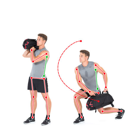 Gym sandbag training method: the lunge and swing.